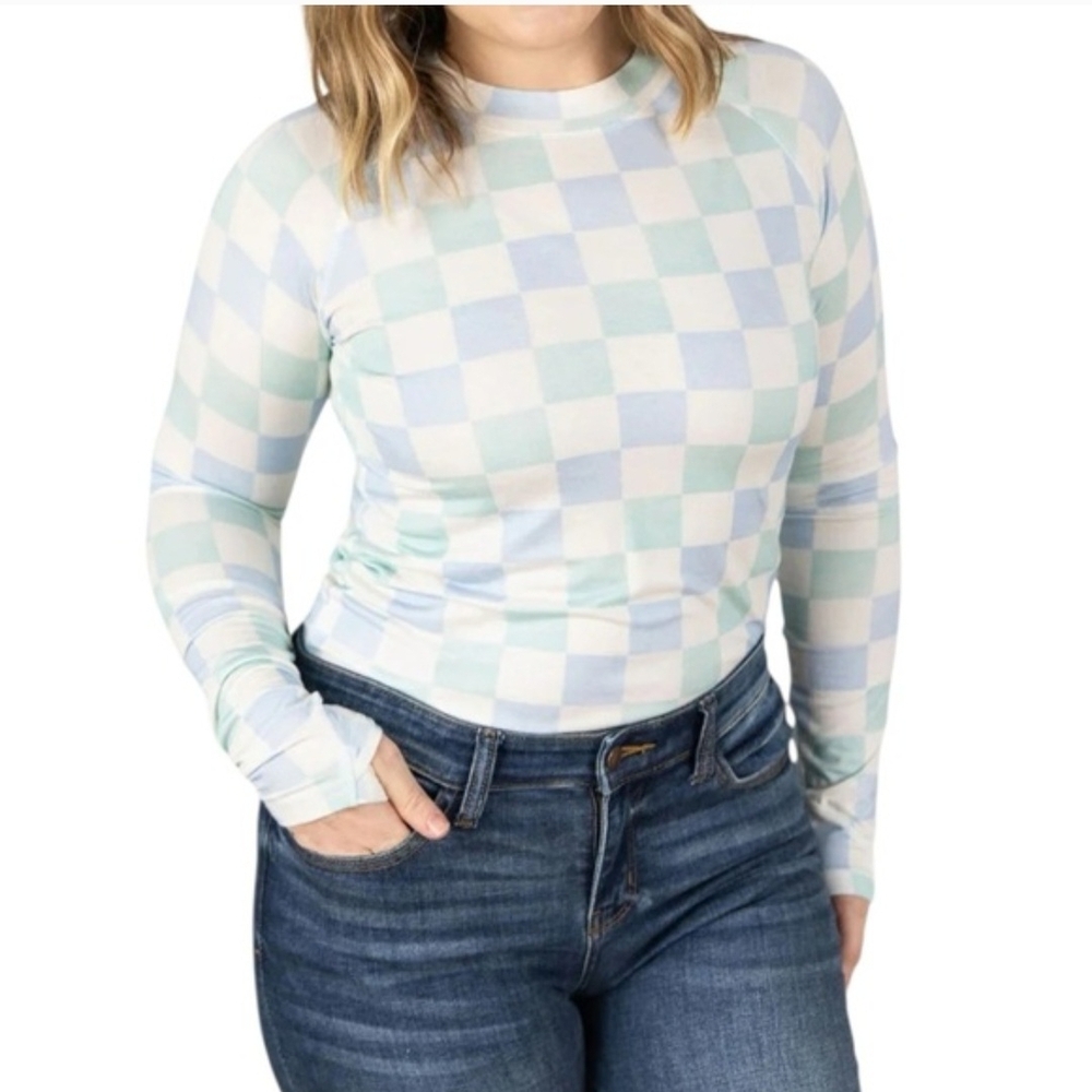 Michelle Mae Pastel Blue and White Plaid Top